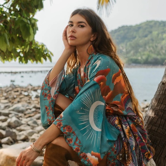 🌸 ROBE MOON SKY KIMONO DUSTER LONG MAXI KAFTAN BREATHE BOHEMIAN BOHO CHIC TEAL - Picture 10 of 12